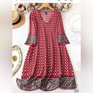 SHEIN Red and Black Geometric Long Sleeve Dress